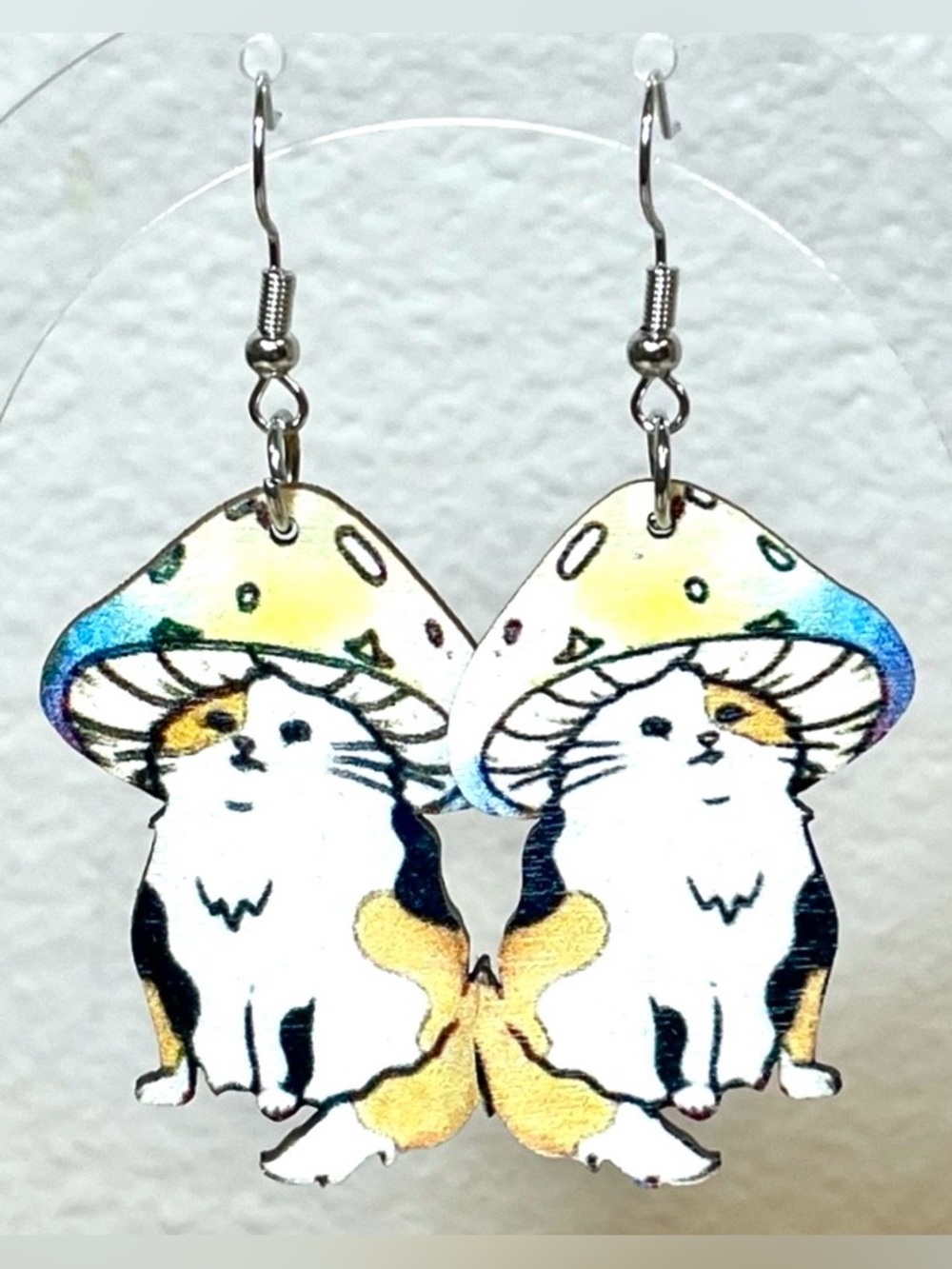 NEW 2D Cutout Pierced Earrings Cat Wearing Mushroom Hat | Lightweight
